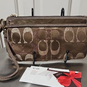 Coach NWOT Metallic Beasing Suede Brown Wristlet
